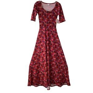 LuLaRoe Ana Pink Fit Flare Size XS A LINE LONG DRESS Palm Tree Print Scoop Neck